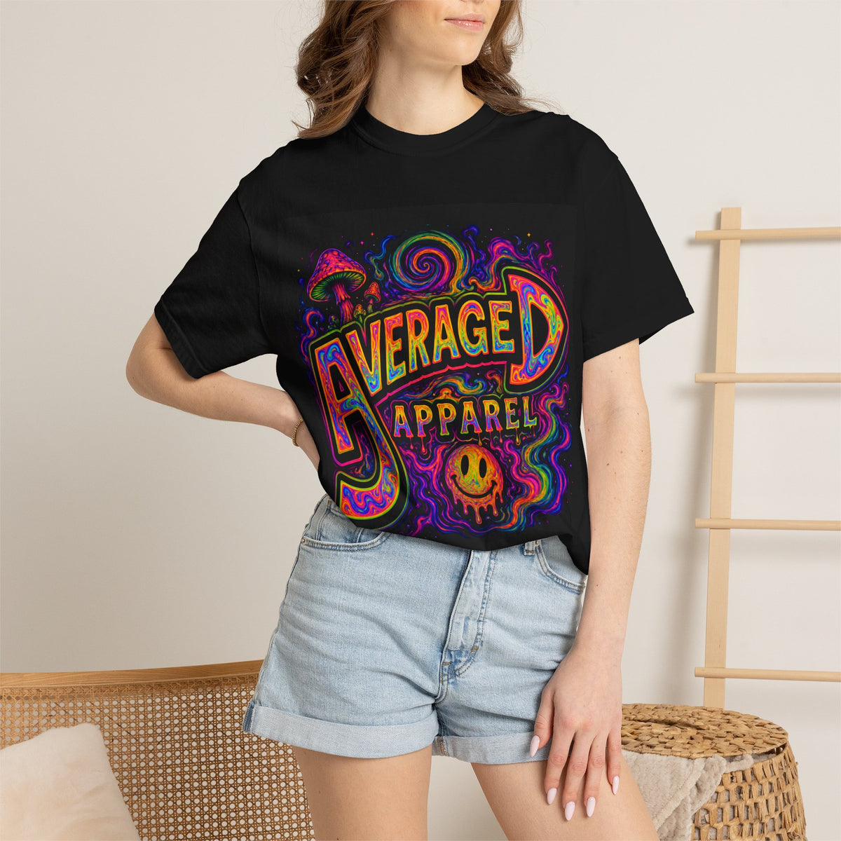 Average Apparel Psychedelic T-Shirt — Retro Neon Mushroom Graphic