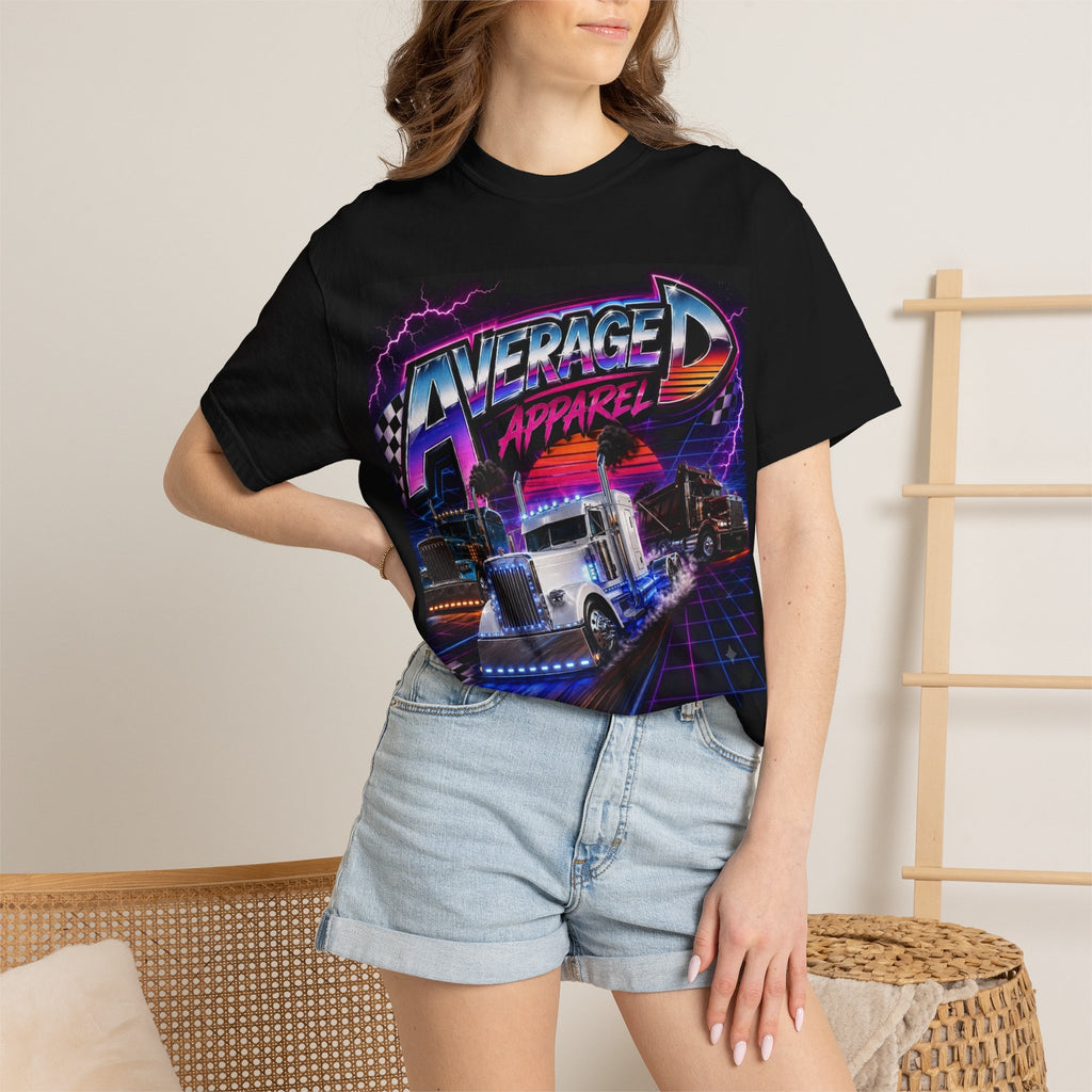 Retro Trucking T‑Shirt — "Average D Apparel" 80s Neon Semi Graphic Tee