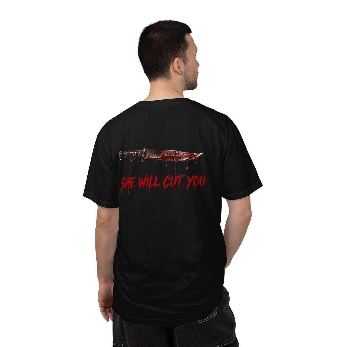 Horror Graphic Tee — “She Will Cut You” Bloodied Knife T-Shirt