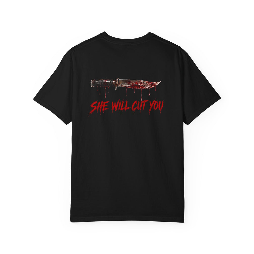 Horror Graphic Tee — “She Will Cut You” Bloodied Knife T-Shirt