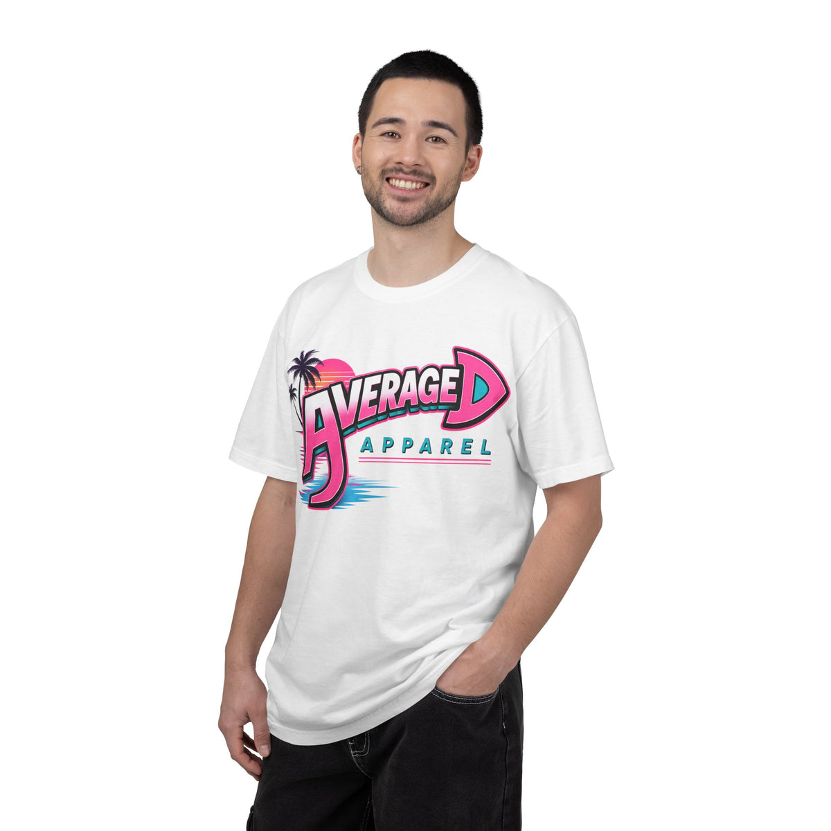 Average D Apparel T-Shirt — Retro Pink Beach Logo Tee