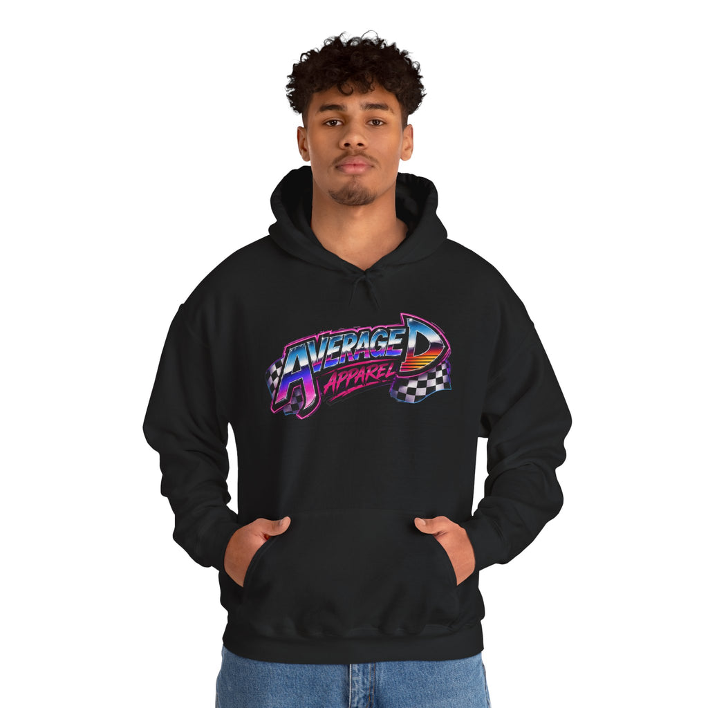 Retro Racing Hoodie — "Average Apparel" Neon Checkered Logo