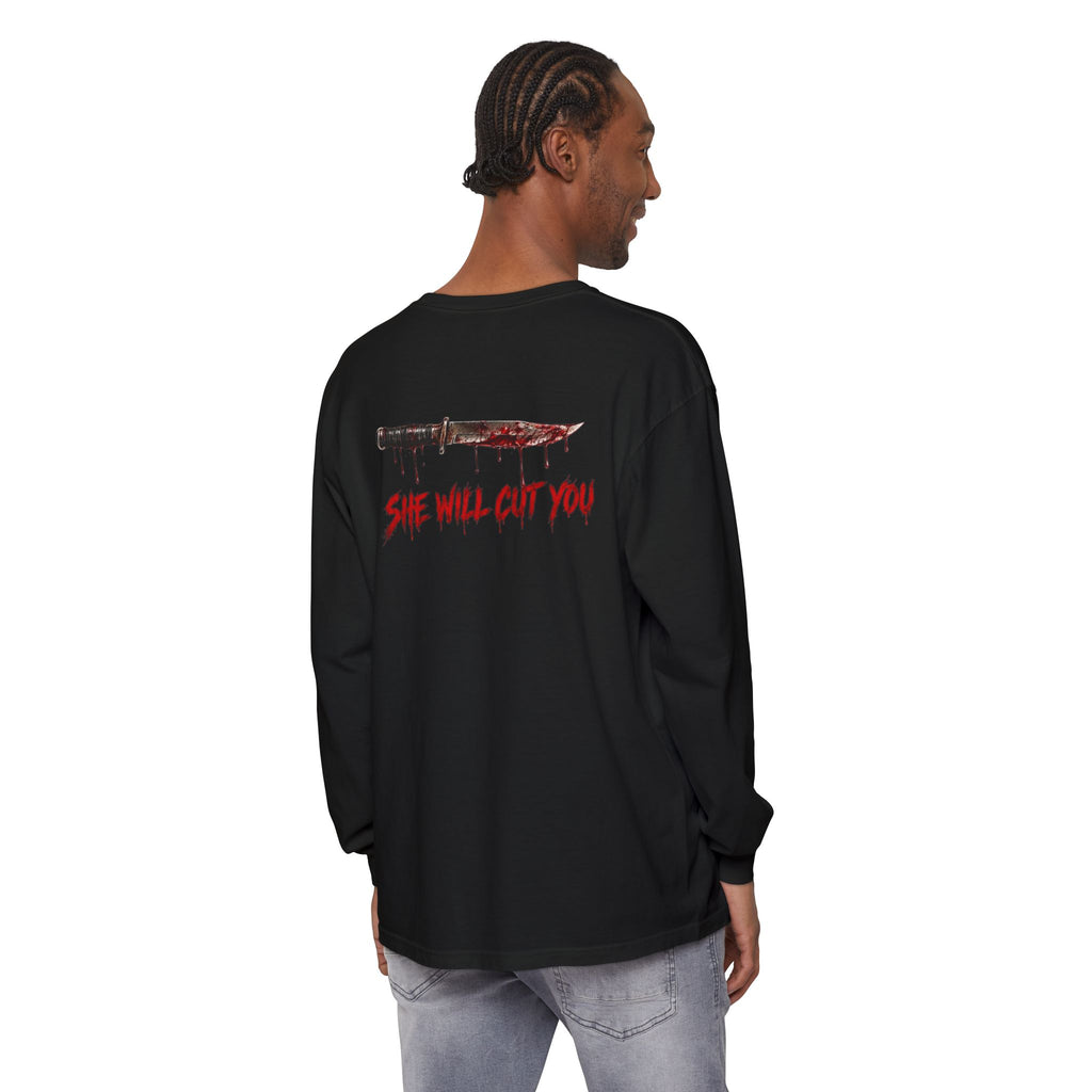 Long Sleeve Horror Tee — Bloodied Knife Back Print, "She Will Cut You" Graphic