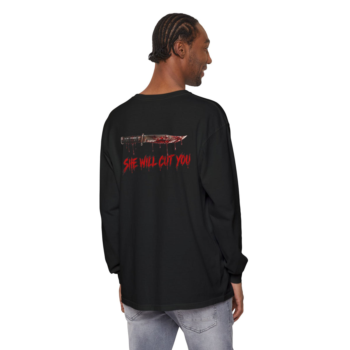 Long Sleeve Horror Tee — Bloodied Knife Back Print, "She Will Cut You" Graphic