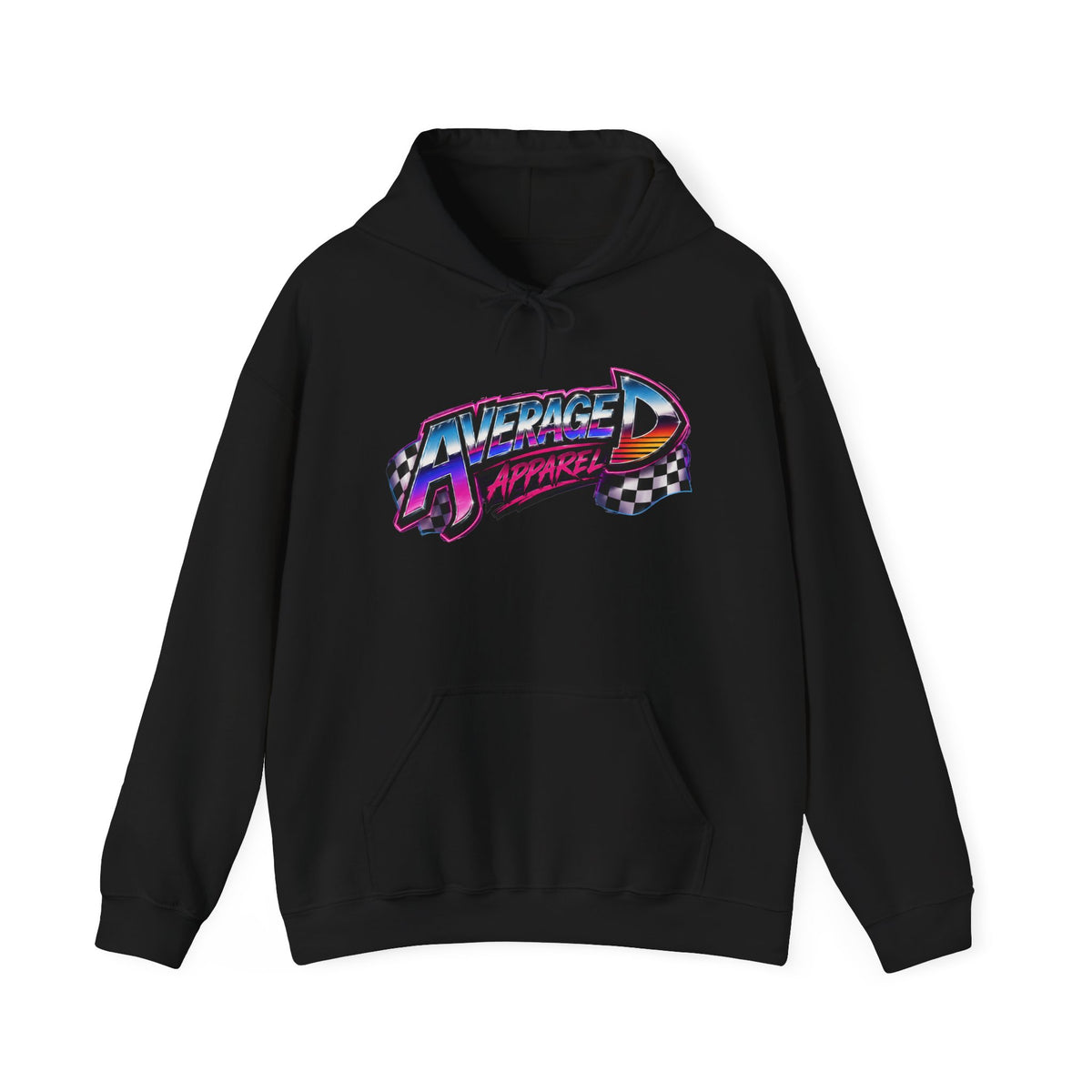 Retro Racing Hoodie — "Average Apparel" Neon Checkered Logo