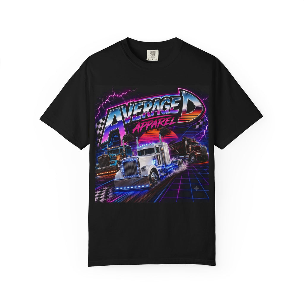Retro Trucking T‑Shirt — "Average D Apparel" 80s Neon Semi Graphic Tee
