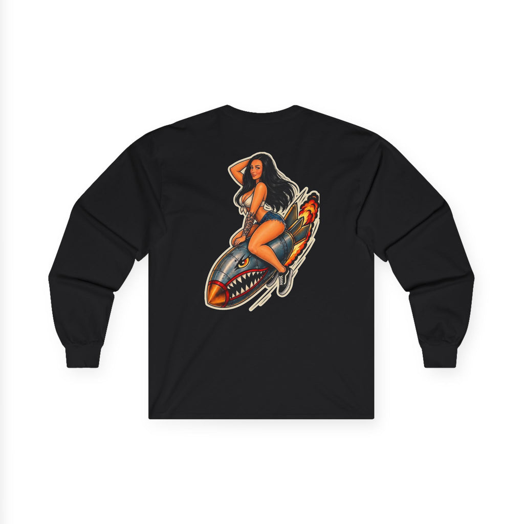 Long Sleeve Tee — Retro Pinup Rocket Biker Shirt