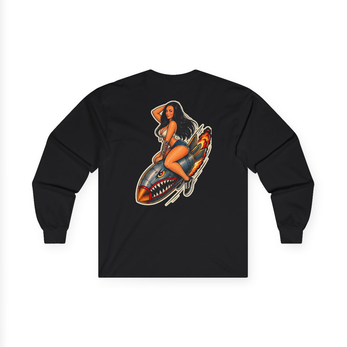 Long Sleeve Tee — Retro Pinup Rocket Biker Shirt