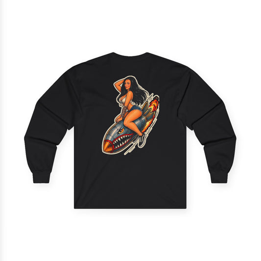 Long Sleeve Tee — Retro Pinup Rocket Biker Shirt
